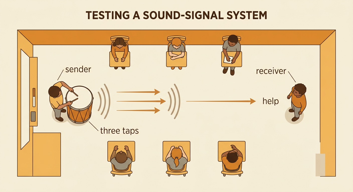 A sender taps a drum three times across a quiet classroom while a receiver listens and identifies the message as help.