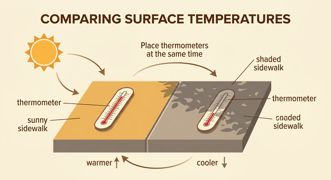 Two thermometers compare matching sidewalk sections, one sunny at 85 degrees and one shaded at 75 degrees.