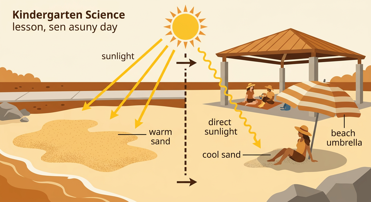 At a beach, sunlight warms open sand while a large umbrella keeps nearby sand shaded and cooler.