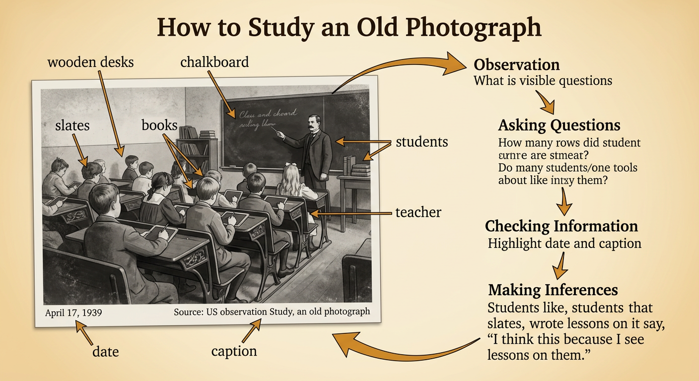 An old classroom photograph shows students at wooden desks with slates, a chalkboard, a visible date, and a caption.