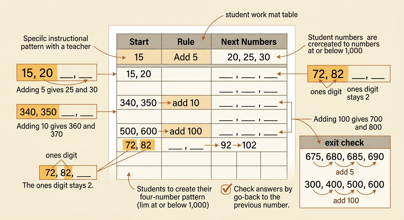 A cheerful practice page displays four number patterns, two exit-check patterns, and arrows for the three possible rules.