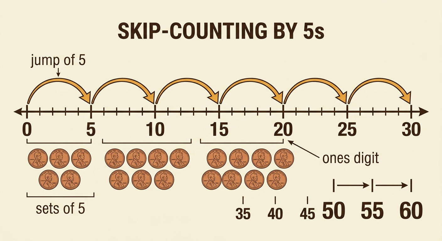 A number line from 0 to 60 shows equal jumps of 5 beside three groups of five pennies.