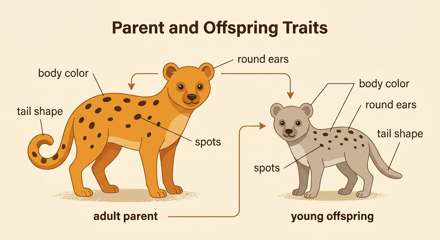 The parent and offspring share some observable traits, but other traits are different.