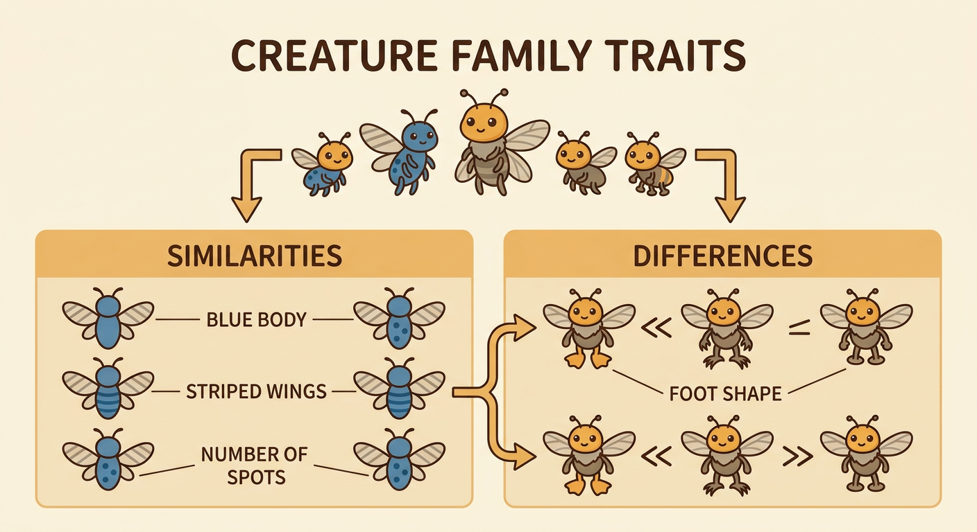 The sorting chart separates traits that are alike from traits that differ within one creature family.
