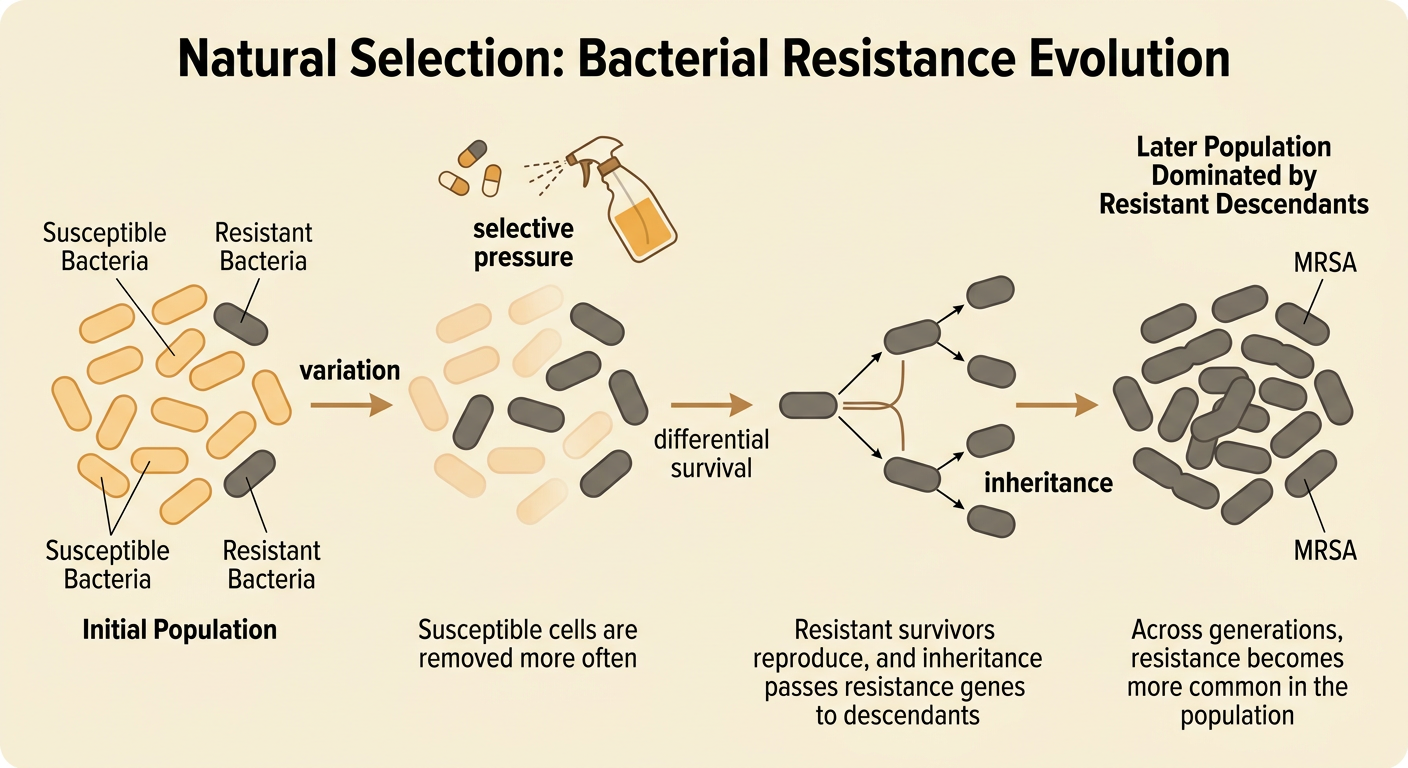A flow diagram traces bacterial variation through antibiotic selection, survival, inheritance, and the spread of MRSA.