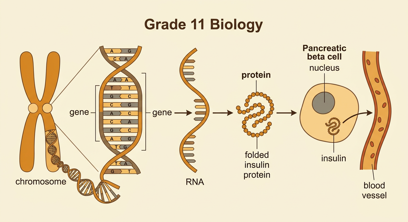 A flow diagram shows an insulin gene in DNA producing RNA, protein, and insulin in a pancreatic beta cell.