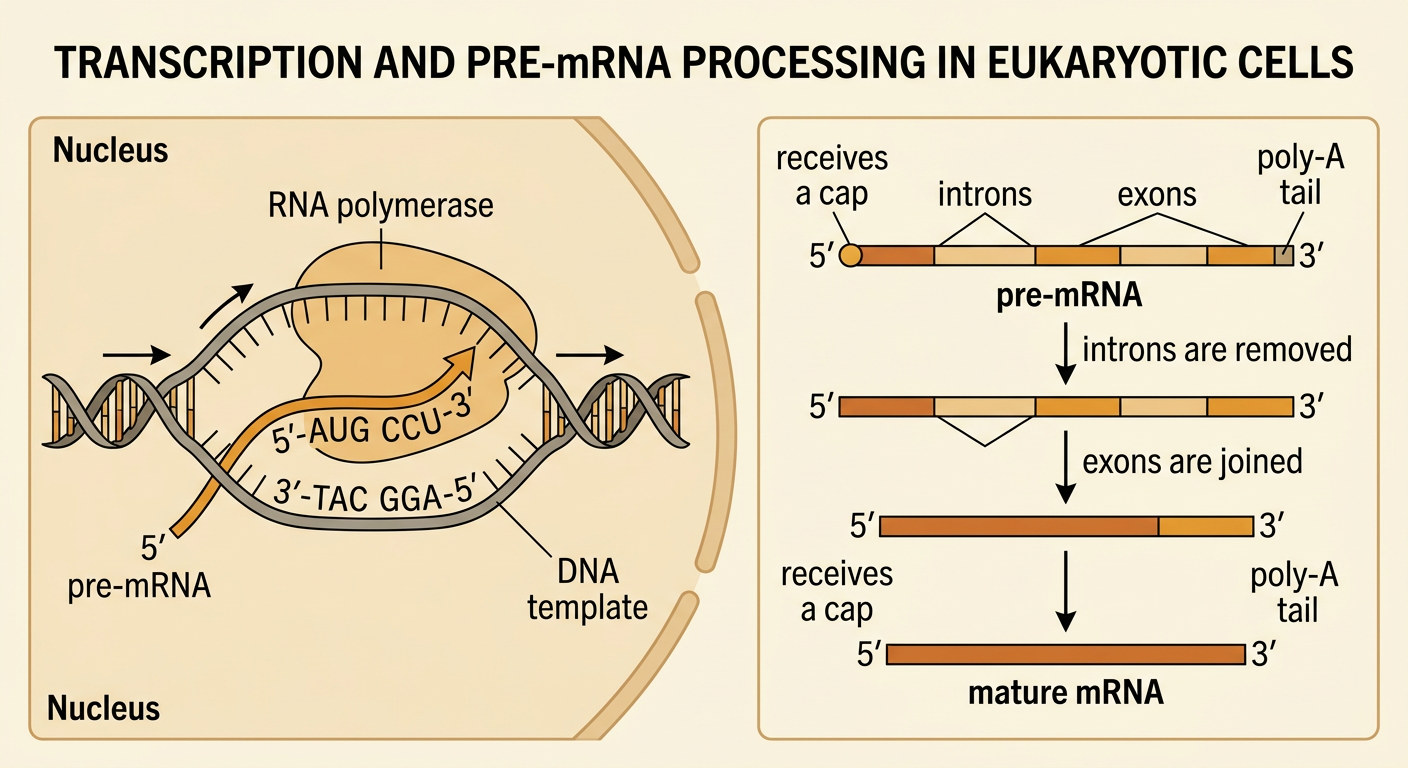 RNA polymerase copies a DNA template into pre-mRNA, which is processed into mature mRNA inside a nucleus.