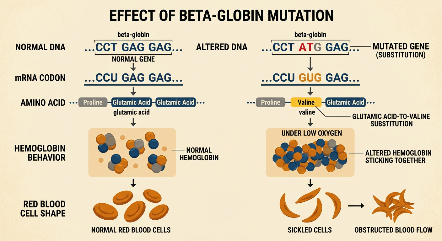 A beta-globin substitution replaces glutamic acid with valine and leads from normal hemoglobin to a sickled cell.
