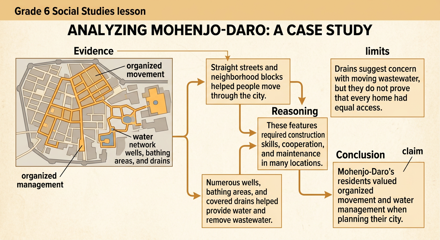 An evidence display connects a city map, wells, bathing areas, and drains to a supported claim about Mohenjo-Daro's priorities.