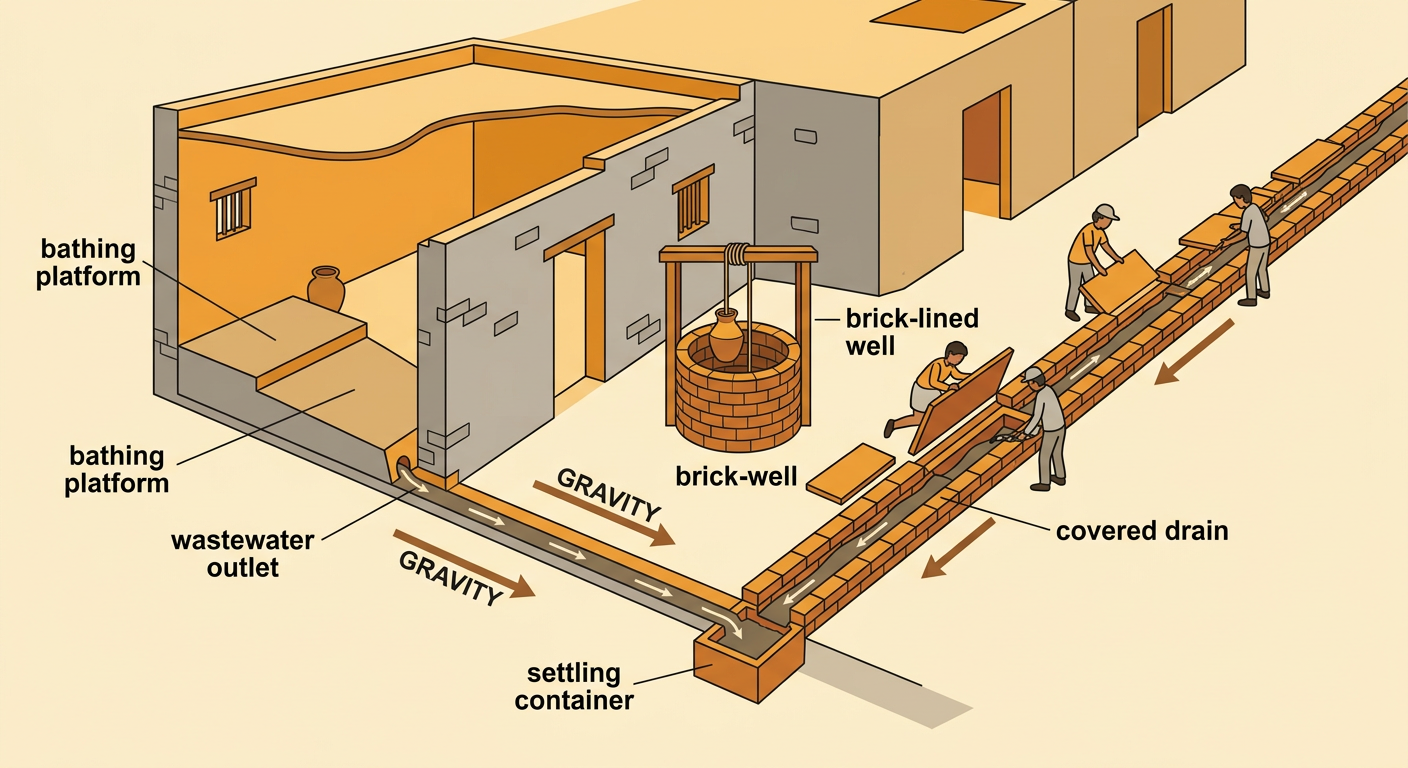 A cutaway diagram shows water moving from a house well and bathing area through a settling container into a covered street drain.