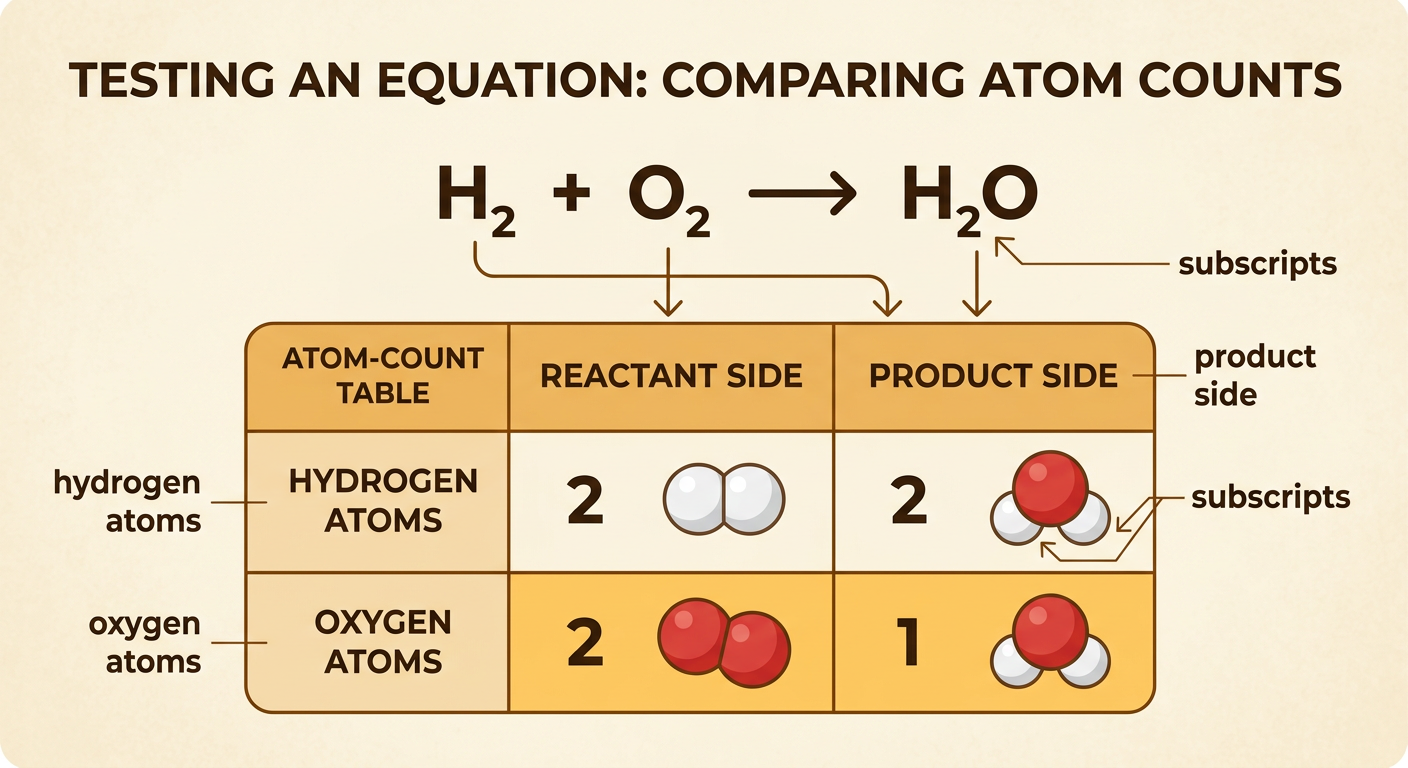 An atom-count table compares hydrogen and oxygen totals on both sides of the unbalanced water equation.