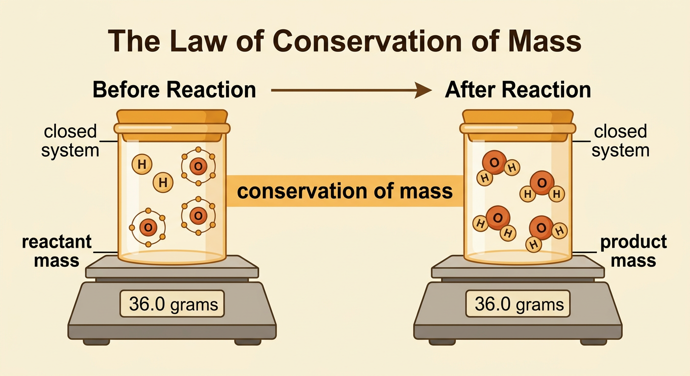 A sealed reaction container sits on a scale with equal total mass before and after water forms.