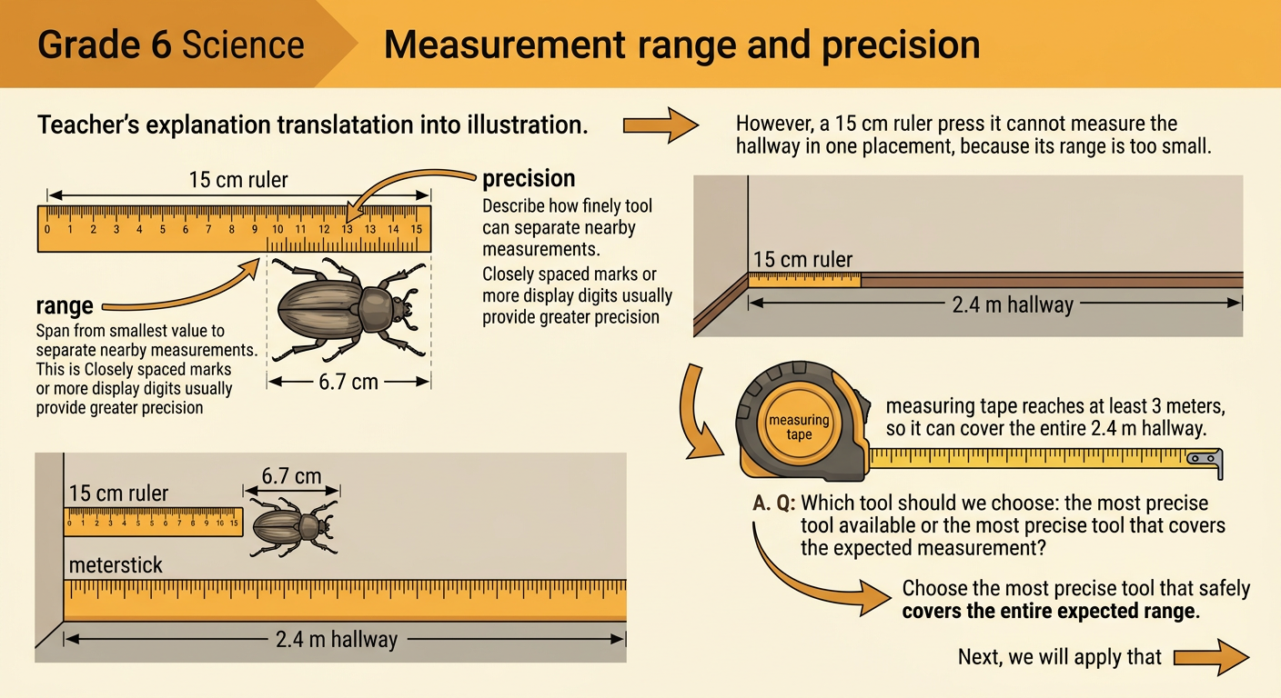 One scene compares a millimeter ruler measuring a beetle model with a long tape measuring a hallway.