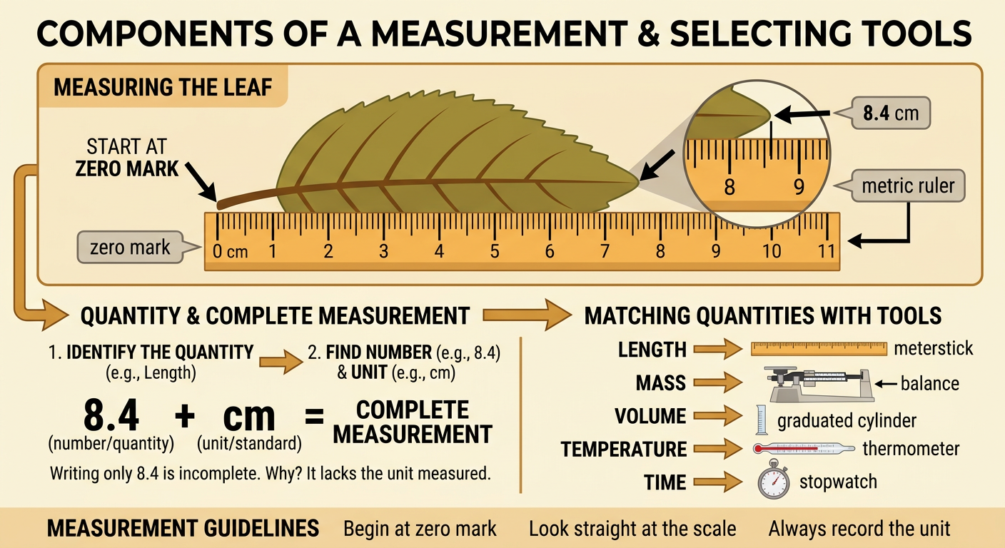 A leaf is aligned with a labeled metric ruler from the zero mark to 8.4 centimeters.