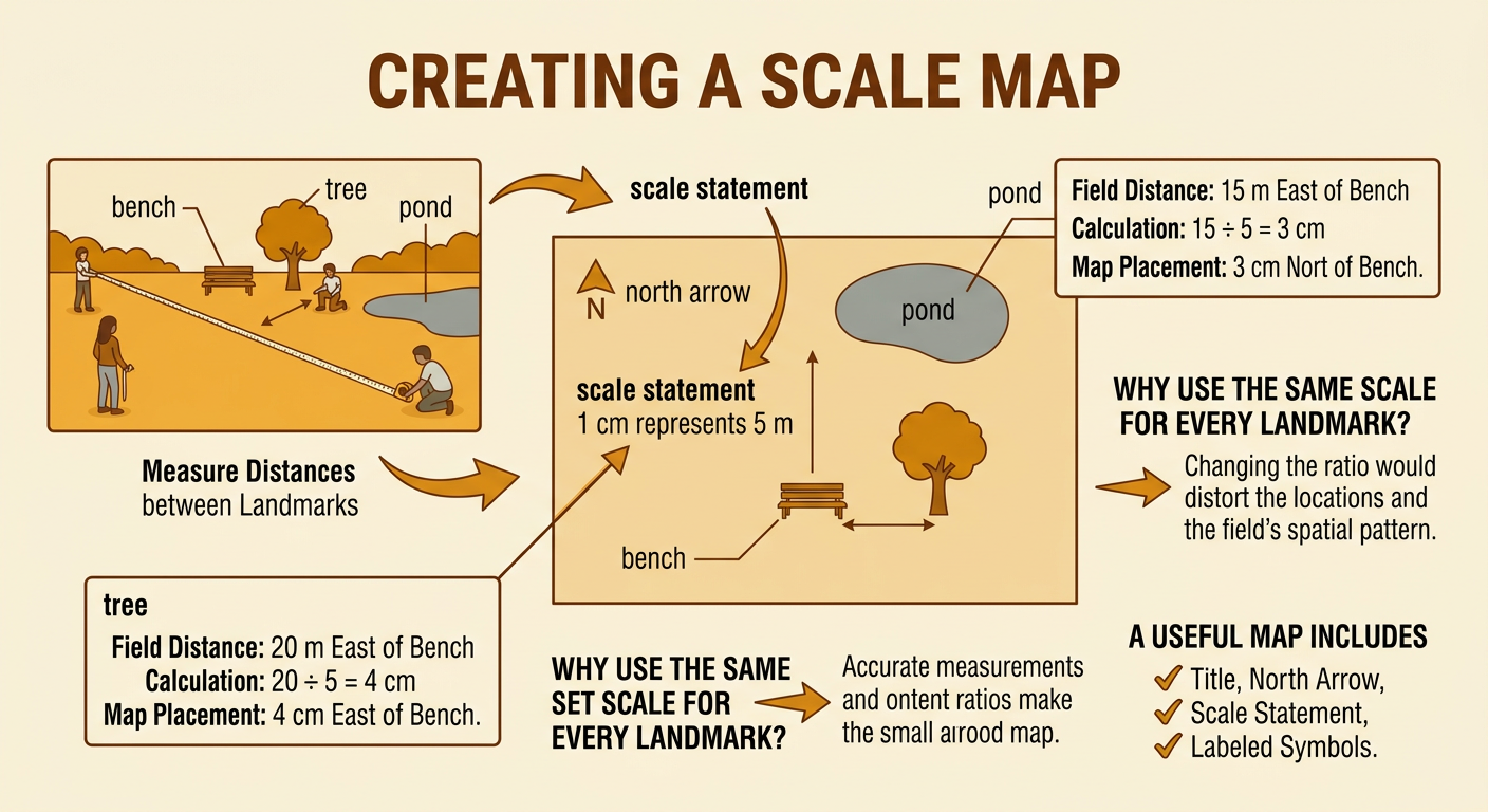 A scale field map places a tree east and a pond north of a central bench using one consistent scale.