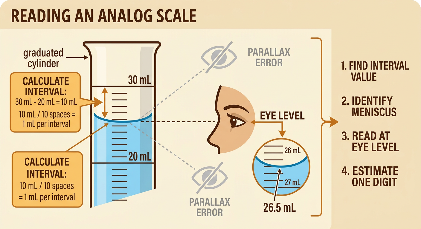 An eye-level view shows the curved water surface in a graduated cylinder halfway between 26 and 27 milliliters.