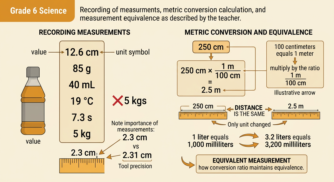 A simple chart shows a measurement split into value and unit, plus an arrow from 250 cm to 2.5 m labeled same distance.