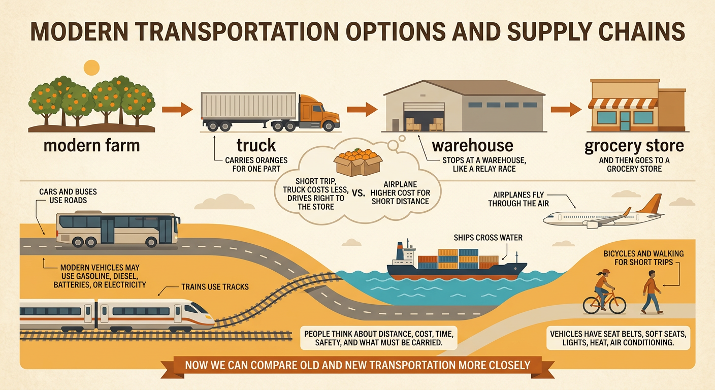 Oranges move from a farm by truck to a warehouse and then to a grocery store.