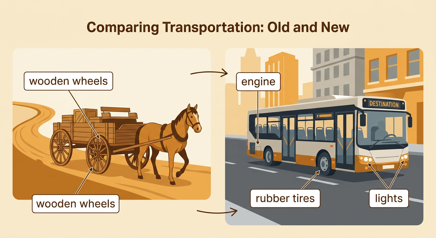 An old horse-drawn wagon and a modern city bus appear side by side with their key parts labeled.