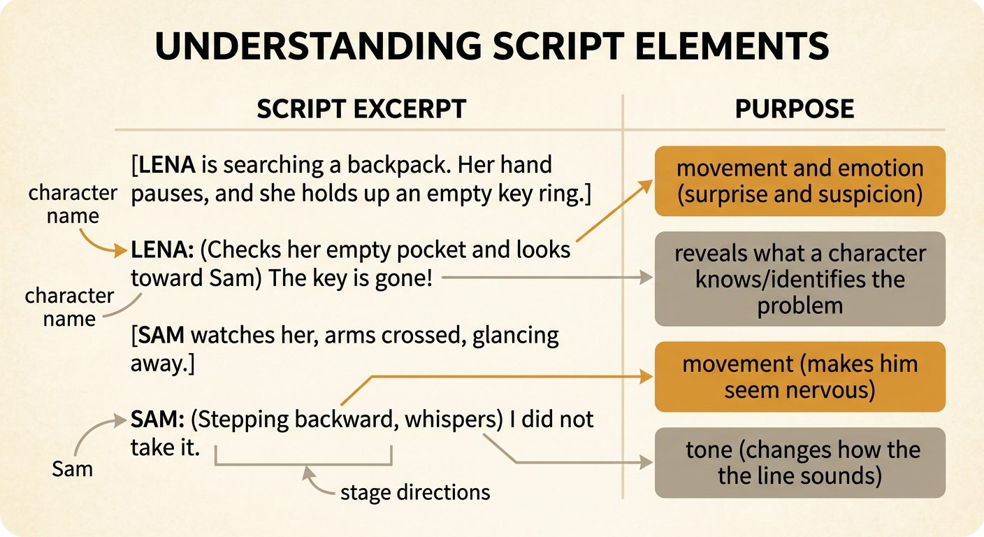 A script excerpt shows Lena discovering a missing key while Sam whispers and steps backward.