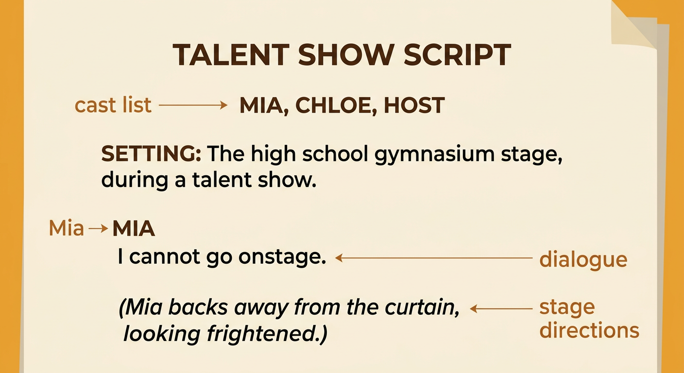 A talent show script shows Mia’s name, her nervous spoken line, and instructions for her to back away from a stage curtain.
