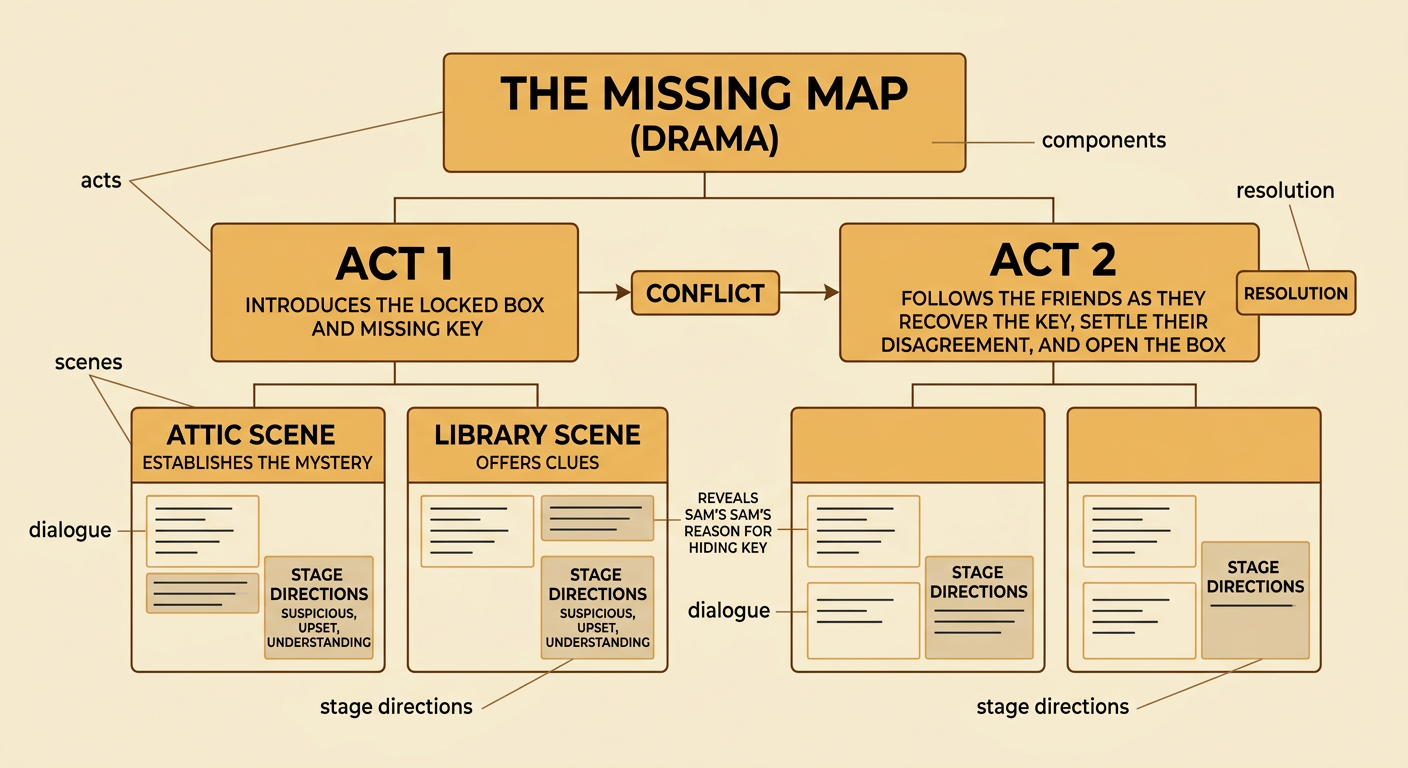 A complete play map connects acts and scenes with characters’ spoken lines and physical actions from the mystery’s beginning to its resolution.