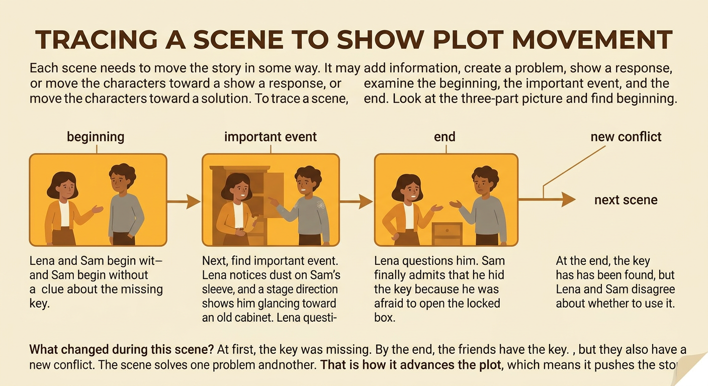 A three-part sequence shows Lena and Sam searching, discovering the hidden key, and arguing about opening the locked box.