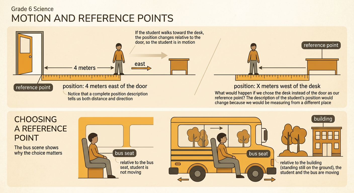A classroom position example and a moving bus scene show how motion depends on the chosen reference point.