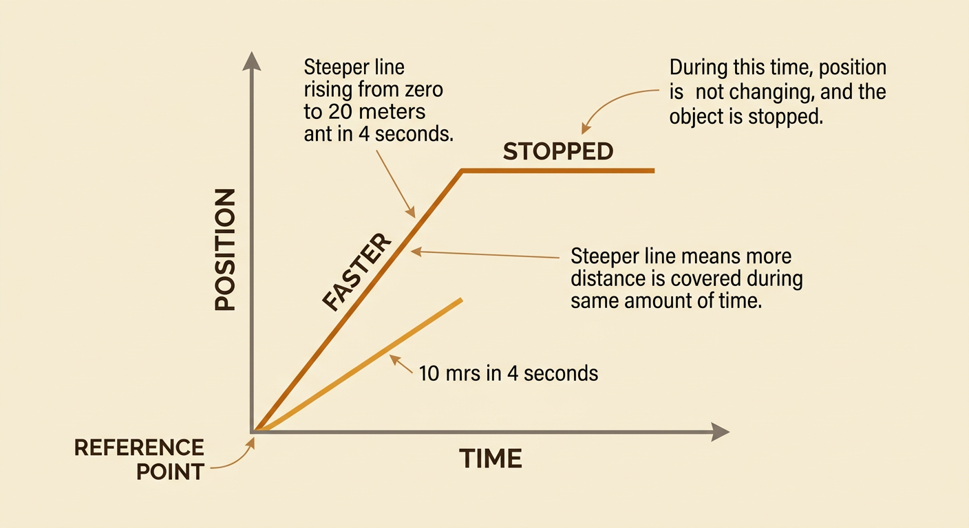 A position-time graph compares rising, flat, steep, and downward-sloping line segments to show changes in motion.