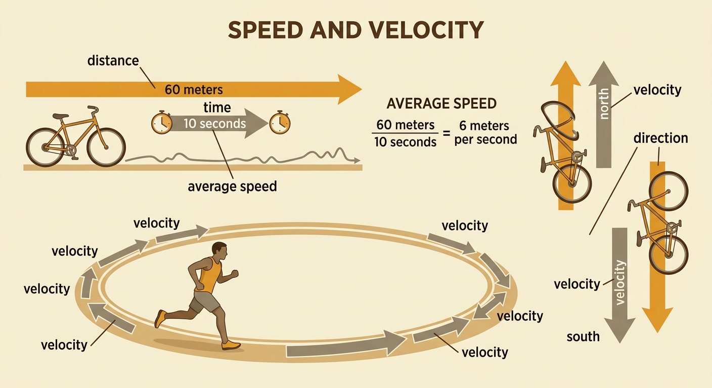 A bicycle’s distance, time, speed, and northward velocity are shown beside a runner changing direction on a circular track.