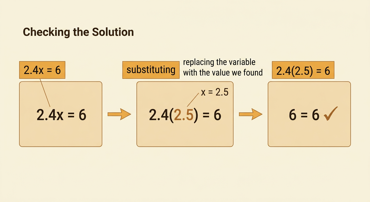 A solution path shows division producing x equals 2.5 and substitution confirming the true statement 6 equals 6.