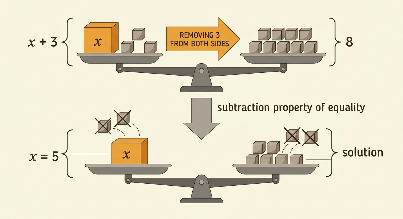 A level balance scale shows x plus 3 on one side and 8 on the other, followed by subtracting 3 from both sides to reveal x equals 5.
