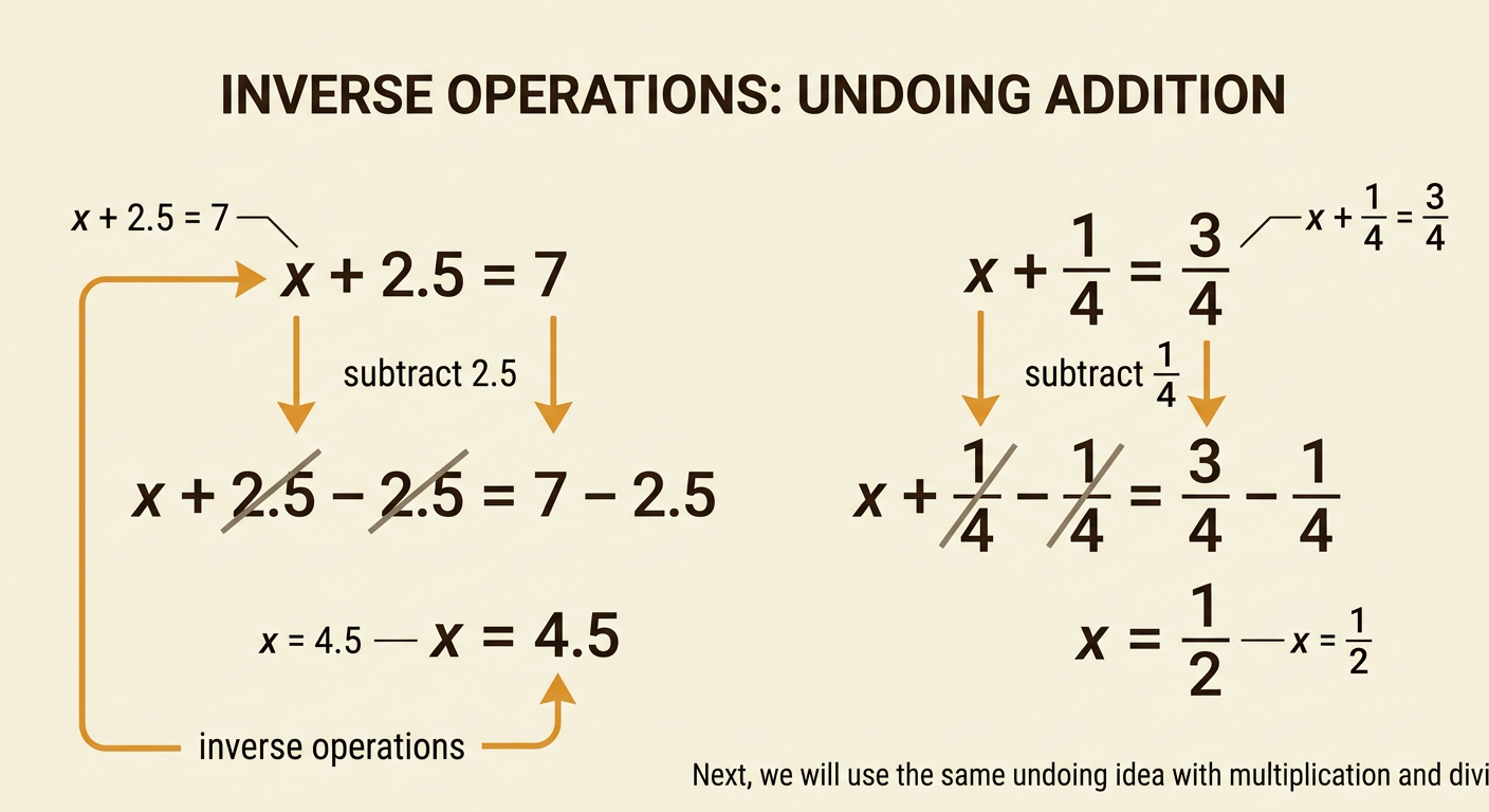 A math board shows decimal and fraction addition equations solved by subtracting the same amount from both sides.
