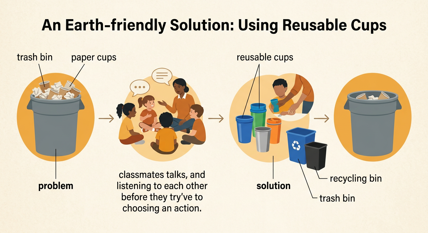 A class replaces a large pile of used paper cups with washable reusable cups beside the correct bins.