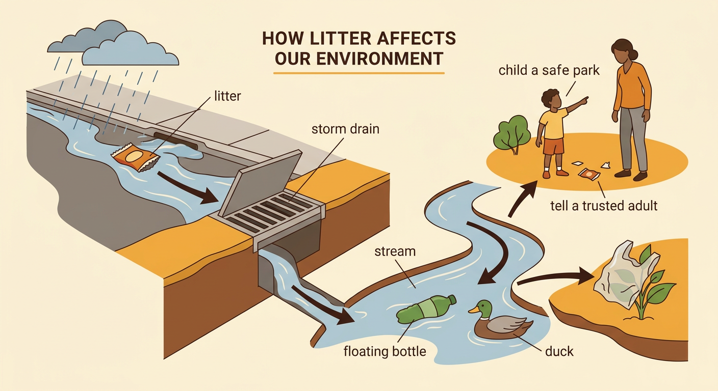 Rain carries litter into a storm drain and toward a stream where a duck swims near a floating bottle.