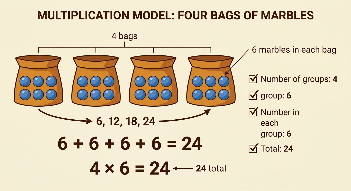Four bags each hold six marbles, alongside two different checks that both reach twenty-four.