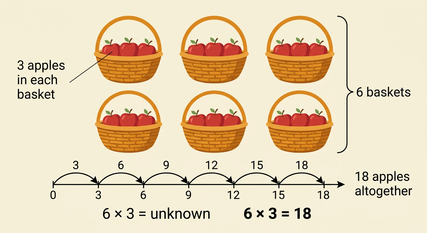 Six baskets each contain three apples, with a multiplication equation showing the total.