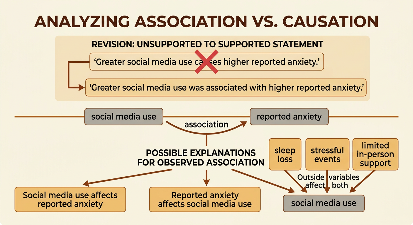 A survey diagram connects social media use and reported anxiety with an association arrow while showing possible outside influences.