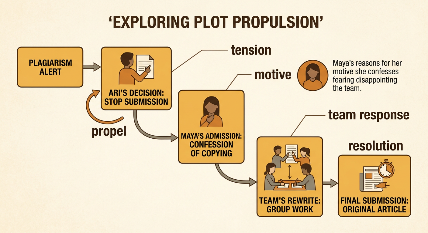A four-step sequence shows the plagiarism alert, Ari’s decision, the team response, and the final original submission.