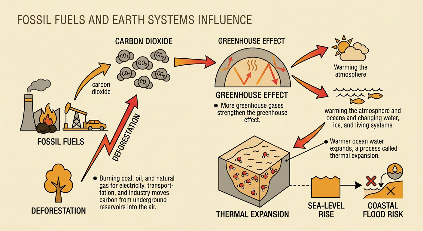 A cause-and-effect diagram links fossil fuel use and deforestation to warming oceans, sea-level rise, and coastal flooding.