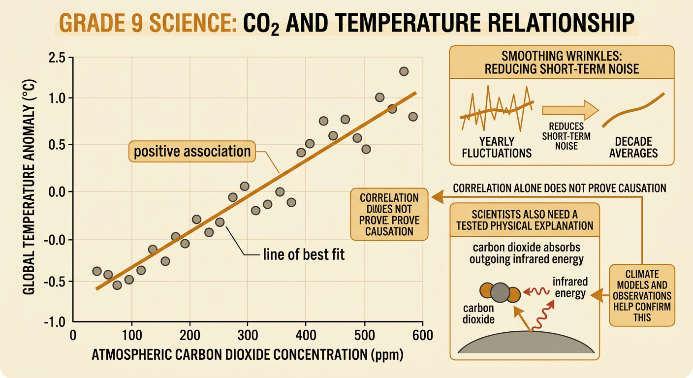 A scatter plot rises from left to right with a best-fit line linking carbon dioxide and temperature anomaly.