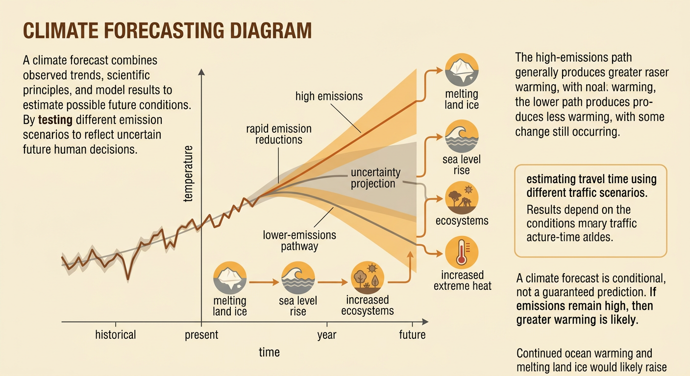 A projection graph compares future warming under high emissions and rapid emission reductions with a shaded uncertainty range.