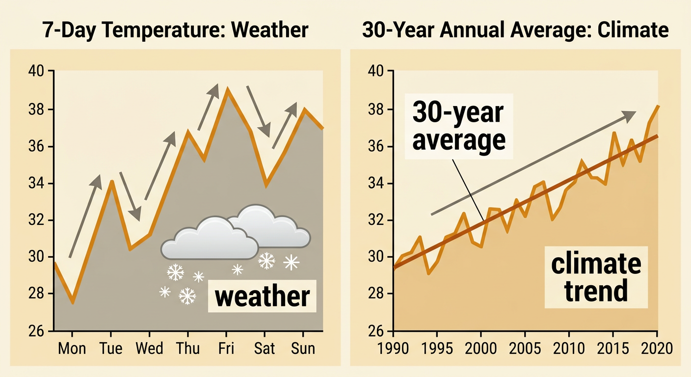 A snowy city day appears beside a 30-year graph showing a rising average winter temperature.