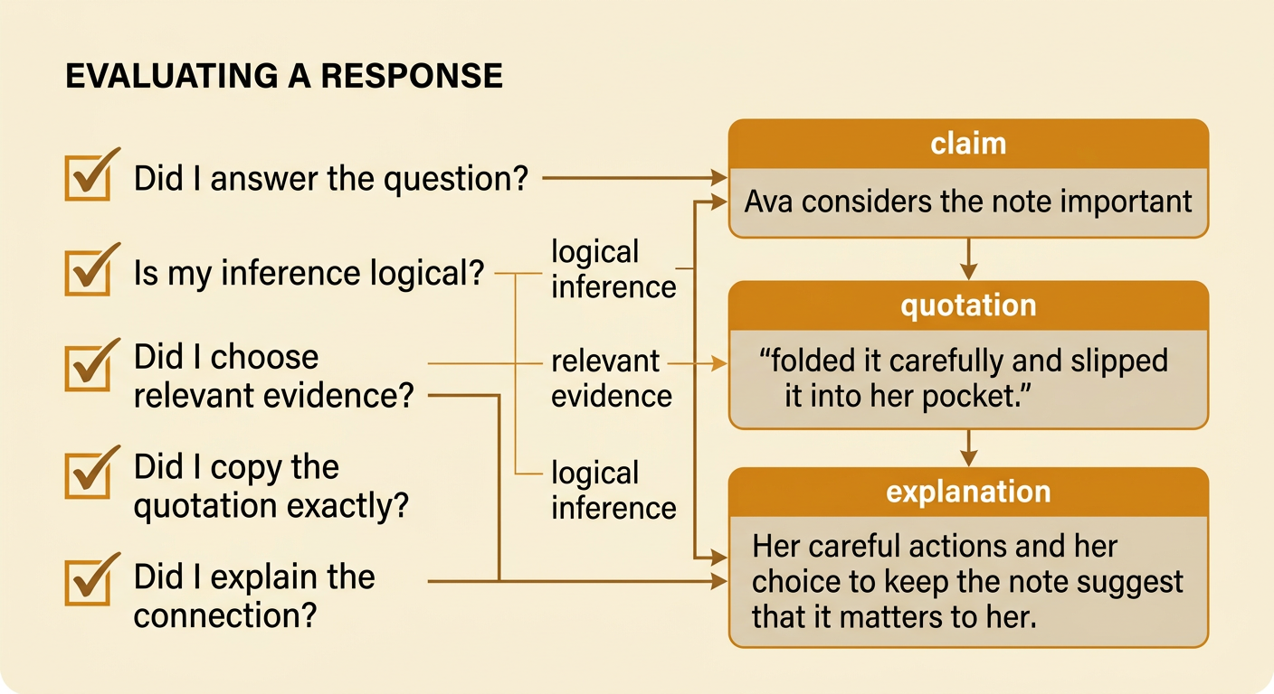 Ava carefully pockets a note beside a completed checklist linking her claim, exact quotation, and explanation.