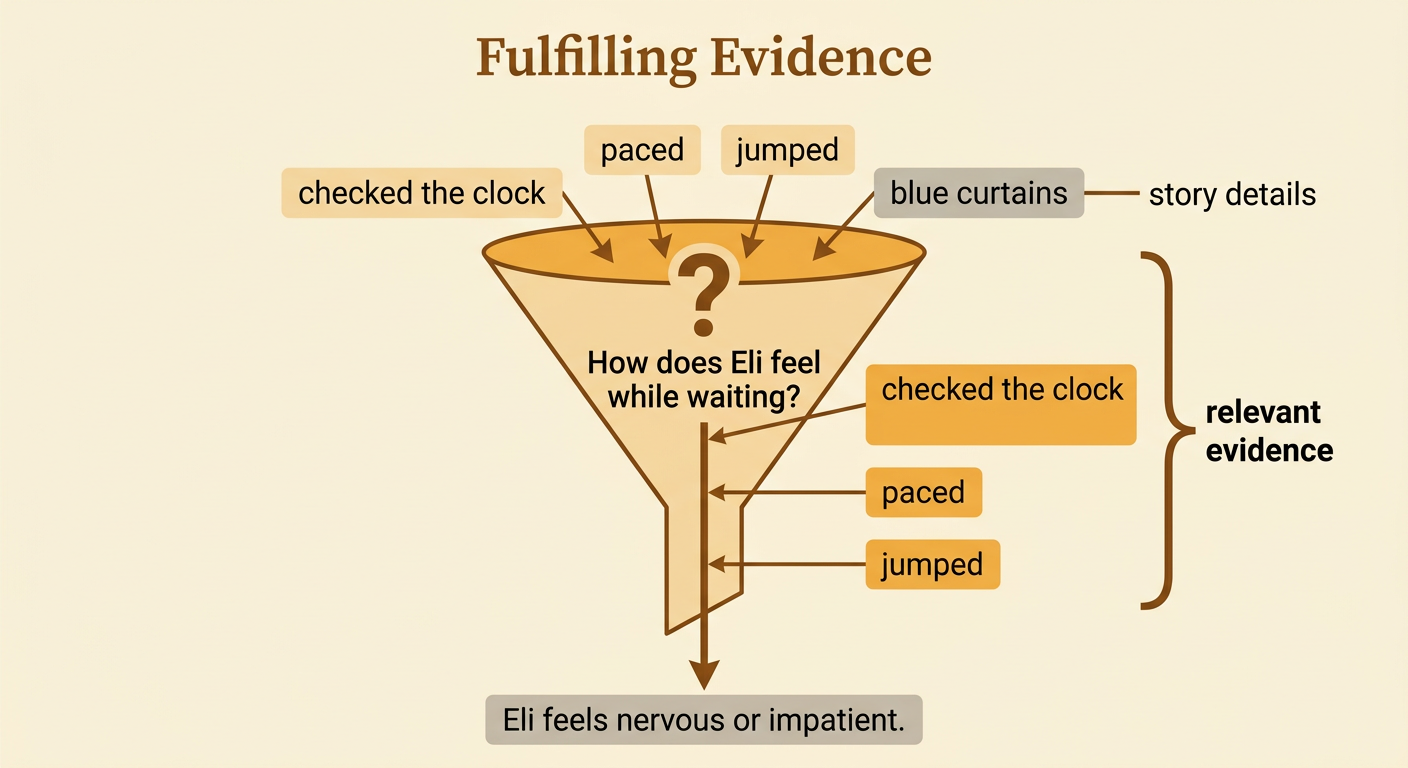 Eli waits anxiously by a window while a chart identifies his useful actions as evidence and leaves out the blue curtains.