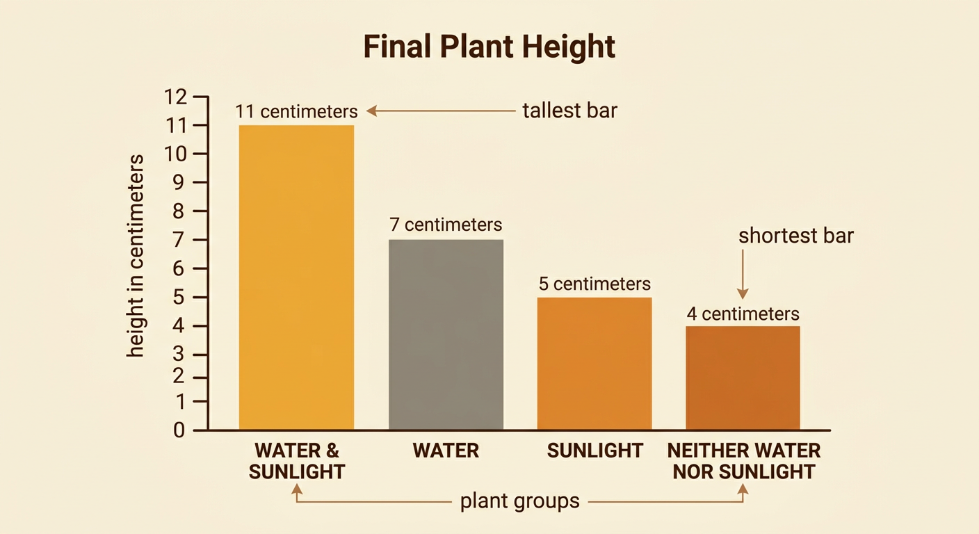A labeled bar graph compares the four plant groups with bars reaching 11, 7, 5, and 4 centimeters.