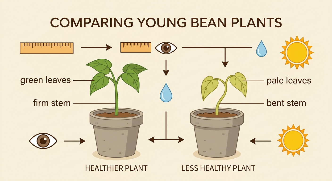 Two young bean plants stand side by side, one green and upright and the other pale and bent.