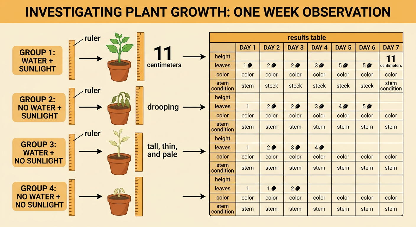 A child measures a bean plant with a ruler while recording its height and leaves in a results table.