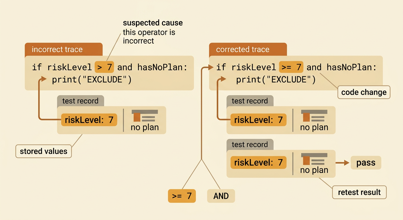 A debugging trace shows an incorrect operator being fixed and the failed case being retested.