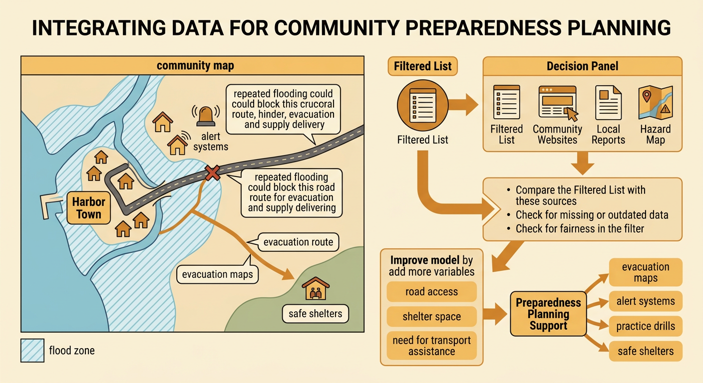 A flood-preparedness map of Harbor Town shows its only road and several community support options.